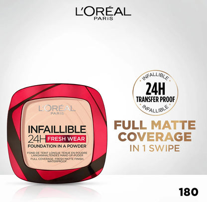 L’Oréal Paris Infaillible Up to 24H Fresh Wear Foundation in a Powder- Waterproof, Heatproof, Sweatproof