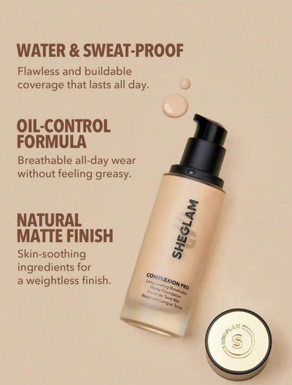 SHEGLAM Complexion Pro Long Lasting Breathable Matte Foundation-Nude Matte Sweat-proof Foundation Oil Control Full Coverage Pore-less Concealer Waterproof Flawless Non-Fading Weightless Liquid Foundation Black Friday Winter Foundation