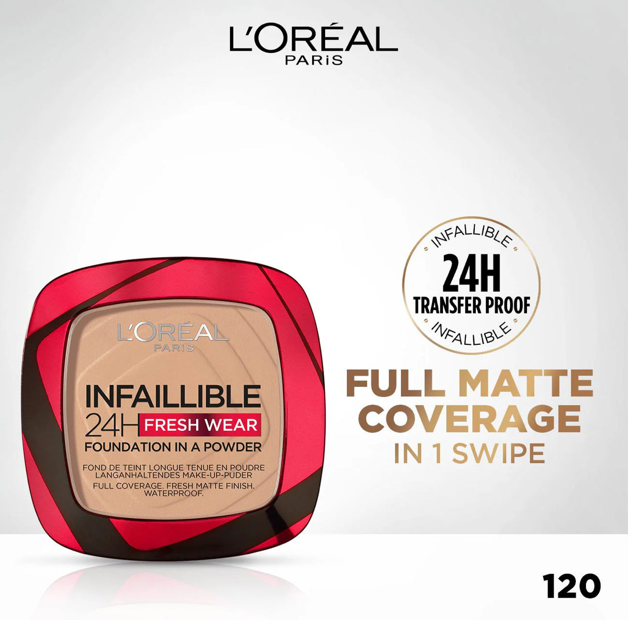 L’Oréal Paris Infaillible Up to 24H Fresh Wear Foundation in a Powder- Waterproof, Heatproof, Sweatproof