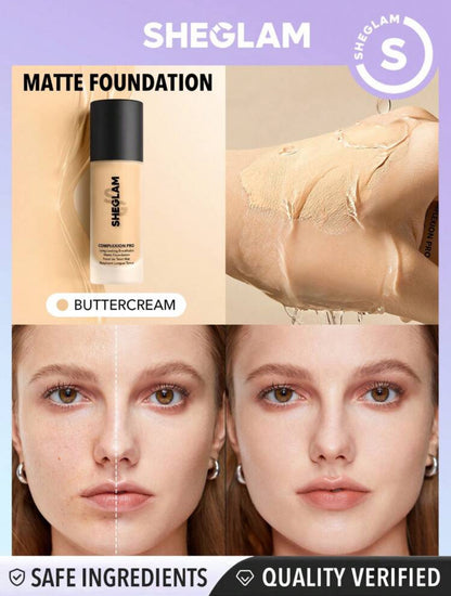 SHEGLAM Complexion Pro Long Lasting Breathable Matte Foundation-Nude Matte Sweat-proof Foundation Oil Control Full Coverage Pore-less Concealer Waterproof Flawless Non-Fading Weightless Liquid Foundation Black Friday Winter Foundation